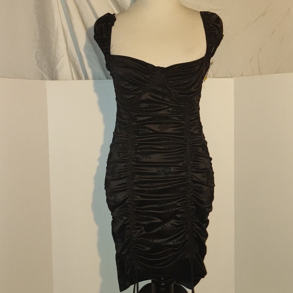 Motel Rocks black floral silk scrunch mini dress Goth Rock Size Medium